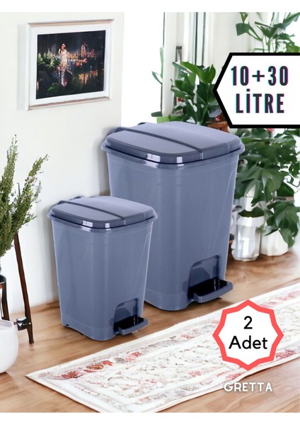 30 Ve 10 Litre Koyu Gri Kare Pedallı Çöp Kovası - Banyo Ofis Ve Kapı Önü Için Çöp Kovası