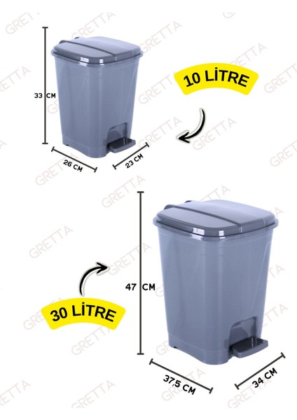30 Ve 10 Litre Koyu Gri Kare Pedallı Çöp Kovası - Banyo Ofis Ve Kapı Önü Için Çöp Kovası