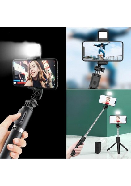 Işıklı Masaüstü Tripod Olabilen Telefon Tutuculu Kablosuz Kumandalı Selfie Çubuğu