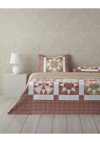 English Home Vintage Lace Patchwork Çok Amaçlı Çift Kişilik Yatak Örtüsü Takımı Terracotta