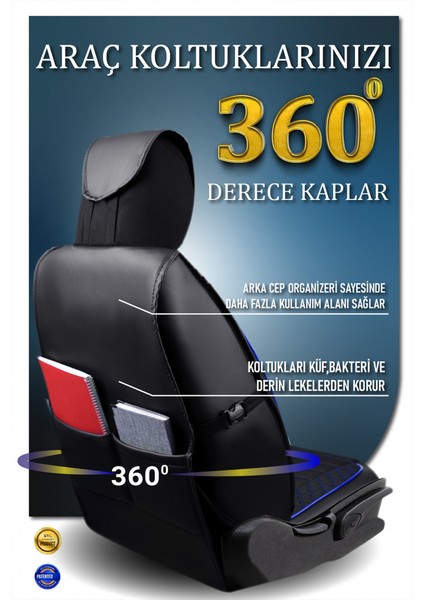 fiat Stilo Lüx Deri Oto Koltuk Kılıfı Ön Arka Takım Elit Serisi Siyah Mavi