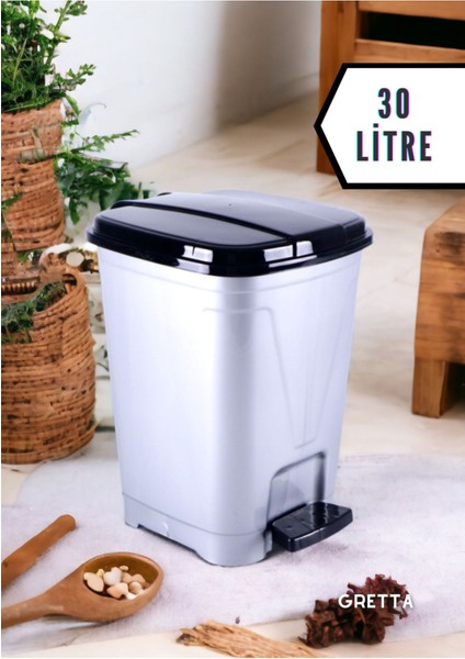 30 Litre Gümüş Siyah Kare Pedallı Çöp Kovası - Banyo Ofis Ve Kapı Önü Için Çöp Kovası