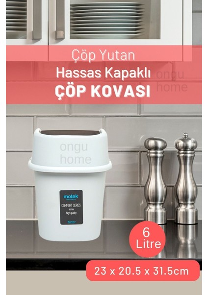 Hassas Kapaklı 6L Plastik Çöp Kutusu, Mutfak Tezgah Üstü, Beyaz