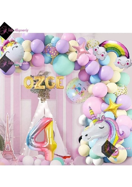 4 Harfli 4 Yaş Gökkuşağı Konsepti Unicorn Temalı Makaron Balon Doğum Günü Parti Kutlama Seti