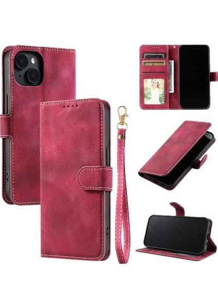IPhone 15 Için Flip Case Artı Cüzdan Kart Yuvaları Kickstand Bilek Kayışı Pu (Yurt Dışından)