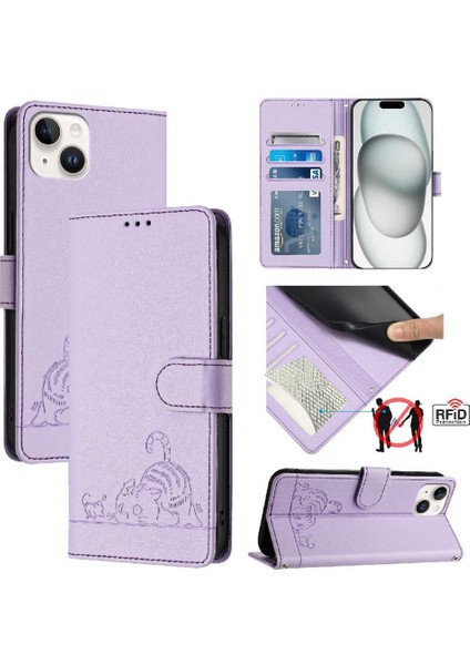 IPhone 15 Için Kılıf Kart Yuvası Tutucu Kickstand Kedi Rfıd Cüzdan Kapak Çevirin (Yurt Dışından)