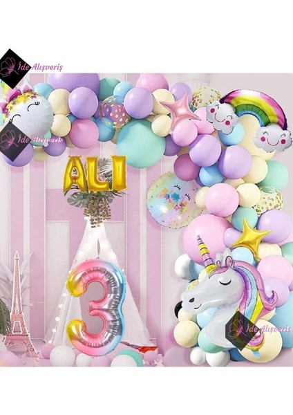 3 Yaş ve 3 Harfli Gökkuşağı Konsepti Unicorn Temalı Makaron Balon Doğum Günü Parti Kutlama Seti