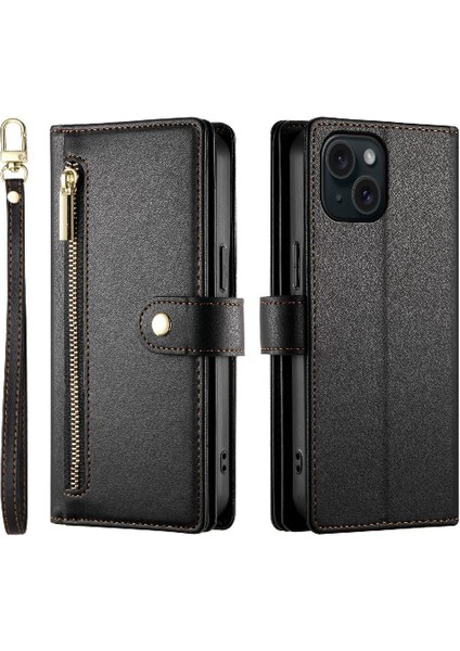 IPhone 15 Için Flip Case Çok Fonksiyonlu Iş Standı Crossbody Kayış (Yurt Dışından)