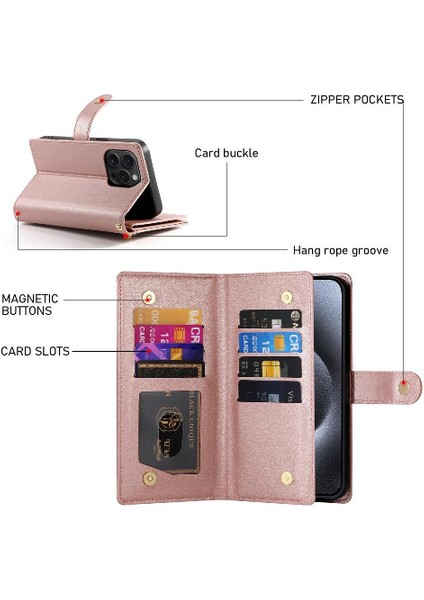 IPhone 15 Pro Için Flip Case Crossbody Kayış Cüzdan Çok Fonksiyonlu Standı (Yurt Dışından) indirimleri