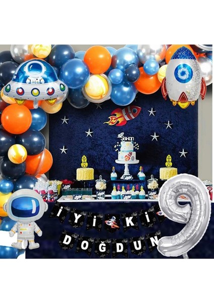 Uzay Temalı Doğum Günü Seti 9 Yaş; 4 Adet Folyo, 50 Lateks Balon, Banner, Balon Zinciri, Balon Bandı