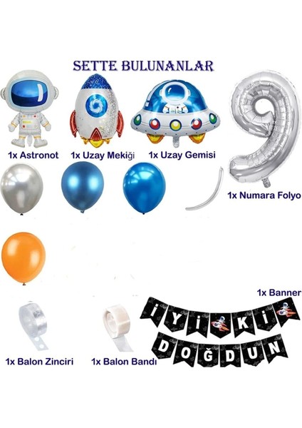 Uzay Temalı Doğum Günü Seti 9 Yaş; 4 Adet Folyo, 50 Lateks Balon, Banner, Balon Zinciri, Balon Bandı