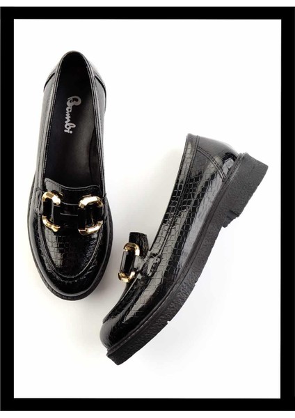 Siyah Parlak Kroko Kadın Loafer Ayakkabı K01257067511