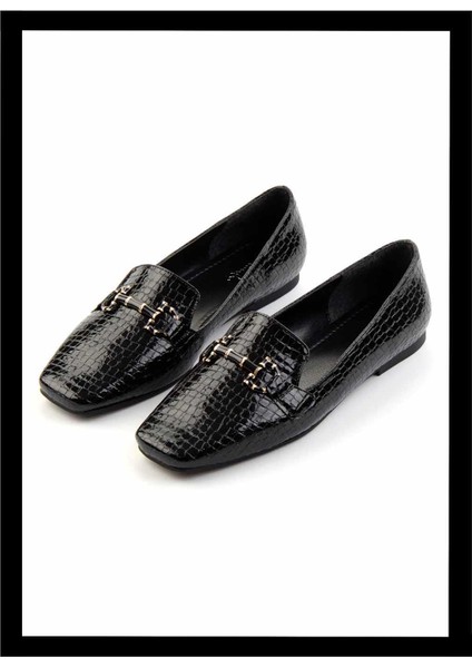 Parlak Siyah Kroko Kadın Babet K01327058311