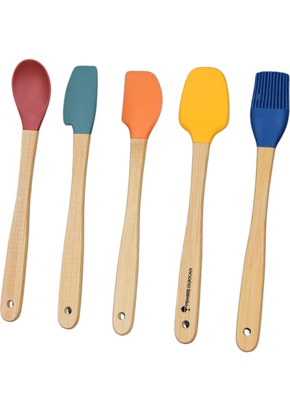 Mutfak Bambu Silikon Isıya Dayanıklı Kaşık Kepçe Takımı 5 Li Set
