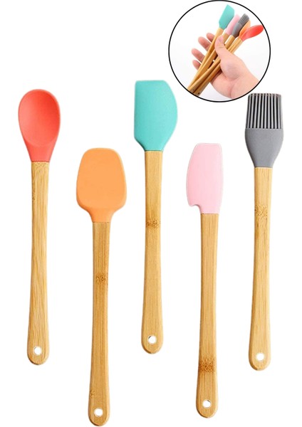 Mutfak Bambu Silikon Isıya Dayanıklı Kaşık Kepçe Takımı 5 Li Set