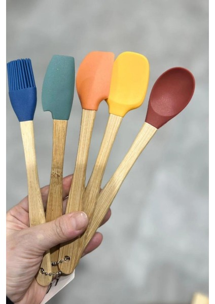 Mutfak Bambu Silikon Isıya Dayanıklı Kaşık Kepçe Takımı 5 Li Set