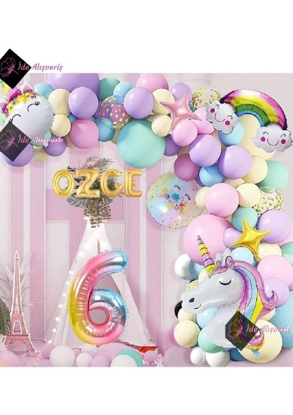 4 Harfli 6 Yaş Gökkuşağı Konsepti Unicorn Temalı Makaron Balon Doğum Günü Parti Kutlama Seti