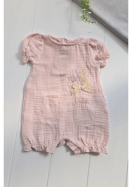 Müslin Kumaş Çiçek Nakışlı Pamuklu Kız Bebek Tulum