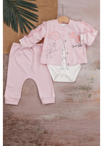 Love Tavşan Desenli Kol Detaylı 3'lü Hırkalı Kız Çocuk Takım