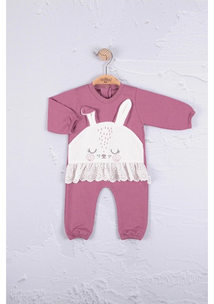 Tavşan Nakışlı Güpürlü % 100 Pamuk Kız Bebek Tulum