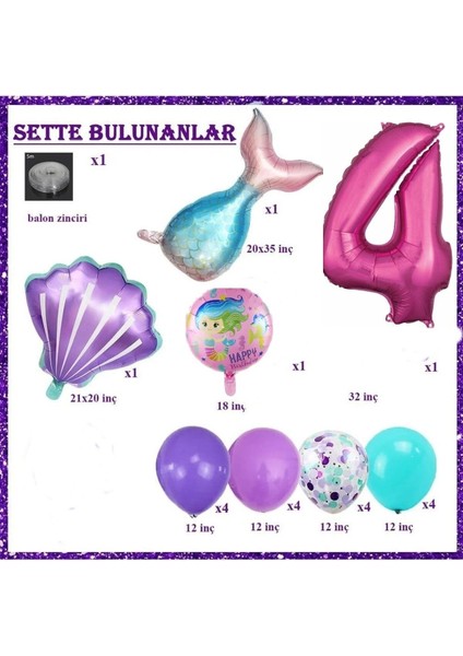 Küçük 4 Yaş Deniz Kızı Temalı Doğum Günü Parti Kutlama Seti Konsept