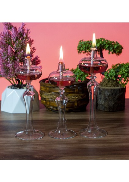 Dekoratif lik El Yapımı Elips Kandil 3'Lü Set (200 Ml 'Şeffaf' Kandil Yağı,Fitil )