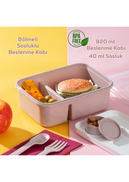 1183 Kendinden Kaşık Çatallı Sosluklu Bölmeli Beslenme Kabı - Taşınabilir Lunch Box Pembe fiyatları