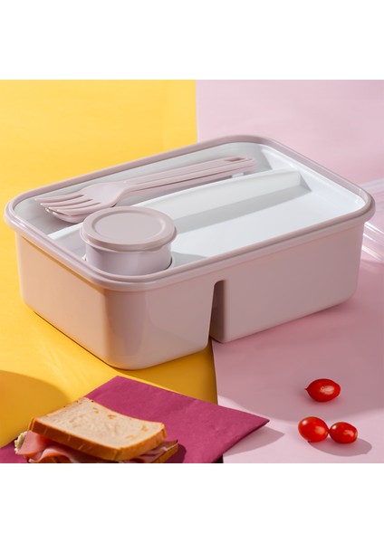 1183 Kendinden Kaşık Çatallı Sosluklu Bölmeli Beslenme Kabı - Taşınabilir Lunch Box Pembe modelleri