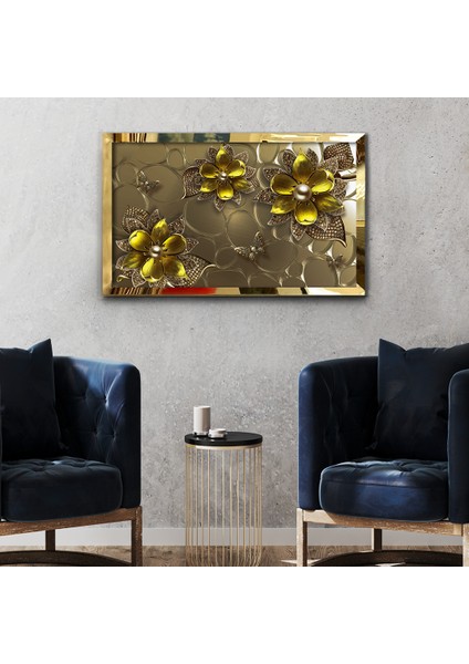 First Art Of Gallery Altın Sarısı Çiçekler Taşlı Desen Gold Ayna Pleksi Çerçeli Tablo