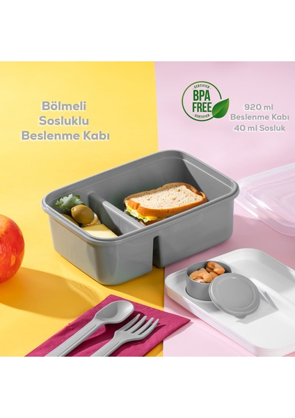 1183 Kendinden Kaşık Çatallı Sosluklu Bölmeli Beslenme Kabı - Taşınabilir Lunch Box Gri fiyatları
