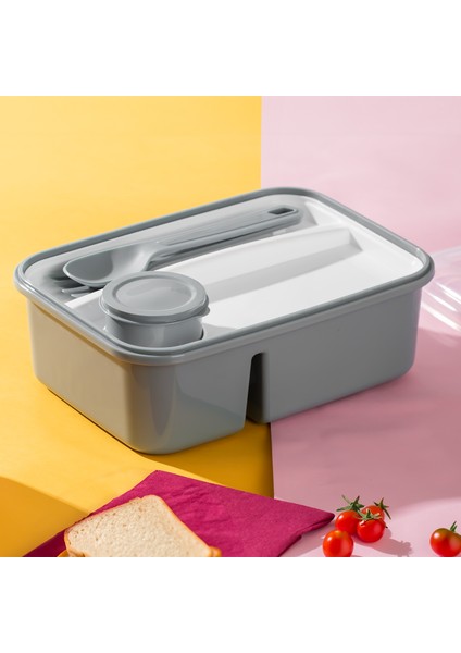 1183 Kendinden Kaşık Çatallı Sosluklu Bölmeli Beslenme Kabı - Taşınabilir Lunch Box Gri modelleri