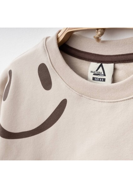 Fırçalı Özel Kumaş Gülücük Baskılı Unitex çocuk takım - Krem modelleri