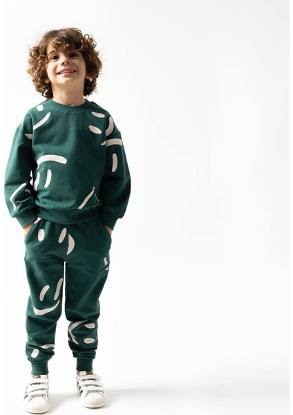 Fırçalı Özel Kumaş Gülücük Baskılı Unitex çocuk takım - Yeşil