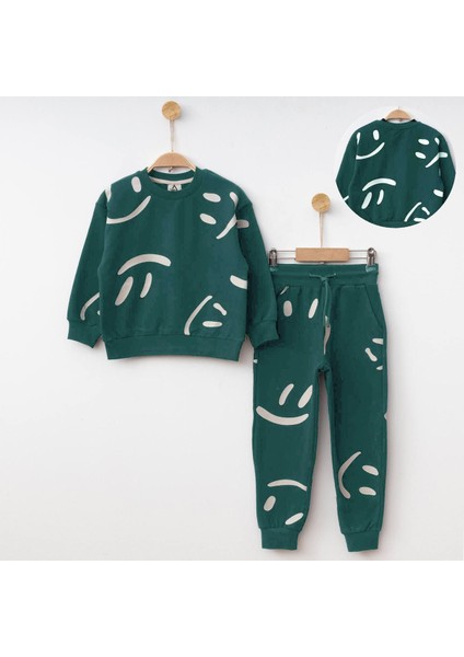 Fırçalı Özel Kumaş Gülücük Baskılı Unitex çocuk takım - Yeşil modelleri