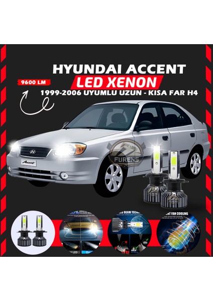 Hyundai Accent Admira 1999-2006 Uzun-Kısa Far Uyumlu Şimşek Etkili LED Xenon Pro Series H4
