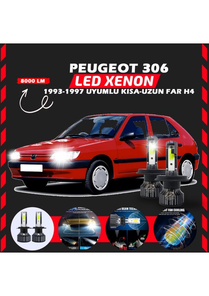 Peugeot 306 1993-1997 Uzun Kısa Far Uyumlu Şimşek Etkili LED Xenon Pro Series H4
