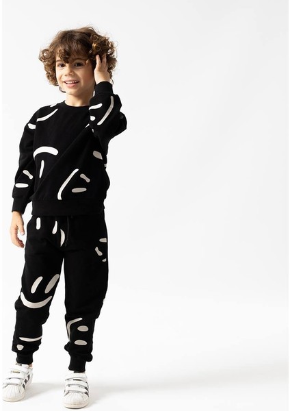 Fırçalı Özel Kumaş Gülücük Baskılı Unitex çocuk takım - Siyah