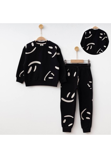 Fırçalı Özel Kumaş Gülücük Baskılı Unitex çocuk takım - Siyah modelleri