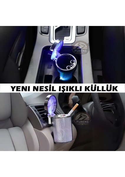 Araç Içi Küllük LED Işıklı 7 Renkli Rgb Lüx Tip Kapaklı Araba Küllüğü