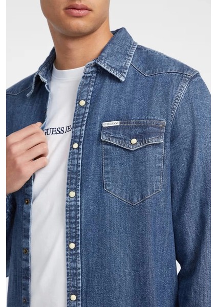 Erkek Mavi Slim Uzun Kol Denim Gömlek