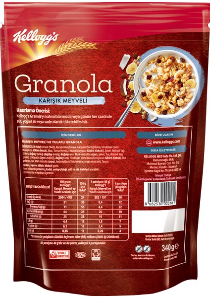 Granola Karışık Meyveli 340 Gr; %45 Yulaf içerir; Lif Kaynağı; %20 Kurutulmuş Meyve içerir