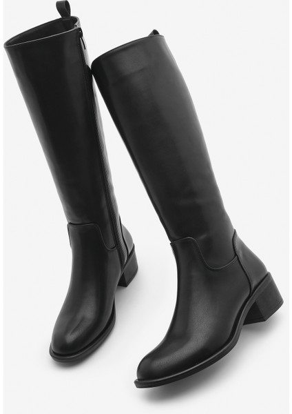 Kadın Yandan Fermuarlı Topuklu Çizme Levarin Siyah