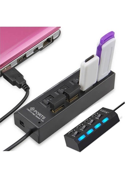 4 Port USB 2.0 Çoklayıcı Çoğaltıcı Hub Anahtarlı Işıklı On Off