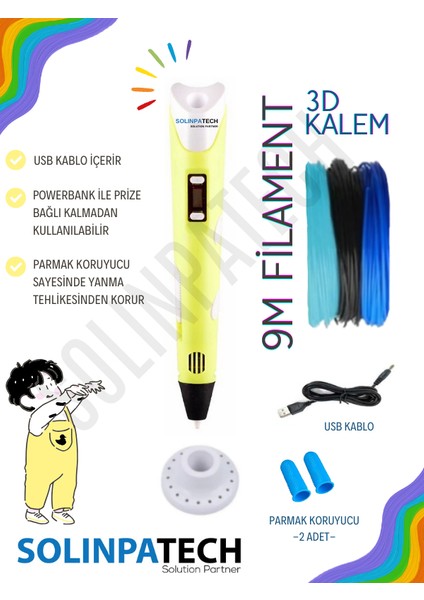 Sarı 3D Pen Üç Boyutlu Yazıcı Kalem Printer (3 Adet 3 Metre Filament -9 Metre- ve USB Kablo Dahil)