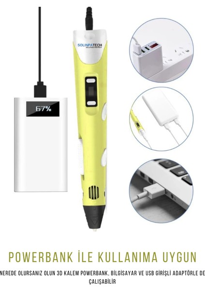 Sarı 3D Pen Üç Boyutlu Yazıcı Kalem Printer (3 Adet 3 Metre Filament -9 Metre- ve USB Kablo Dahil) fiyatları