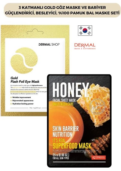 3 Katmanlı Gold Göz Maske ve Bariyer Güçlendirici, Besleyici, %100 Pamuk Bal Maske Seti