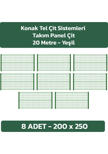 Konak Tel Çit Sistemleri 8 Adet 200X250 cm Çit Teli - 8 Adet Panel Çit Direği 200CM Takım Antrasit-Yeşil