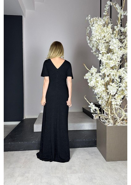 G0985 Taş Detaylı Simli Maksi Abiye Elbise Siyah modelleri