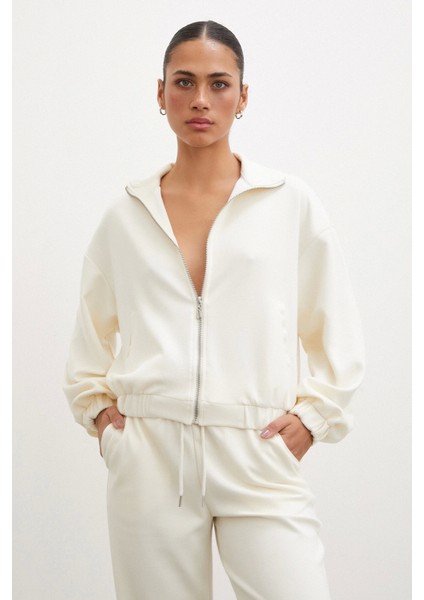 Fermuarlı Sweatshirt Ekru