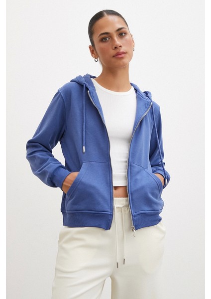 Fermuarlı Kapüşonlu Sweatshirt Mavi